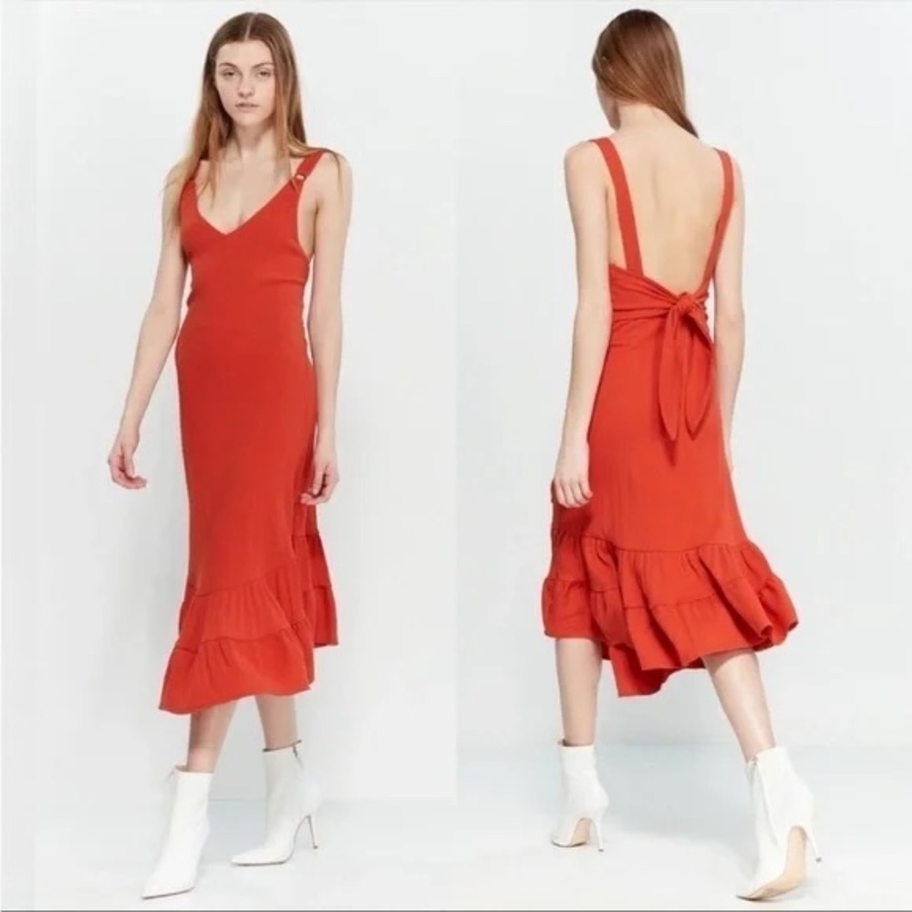 NWT Free People Into You Orange Red Midi Ruffle Bottom Dress S
